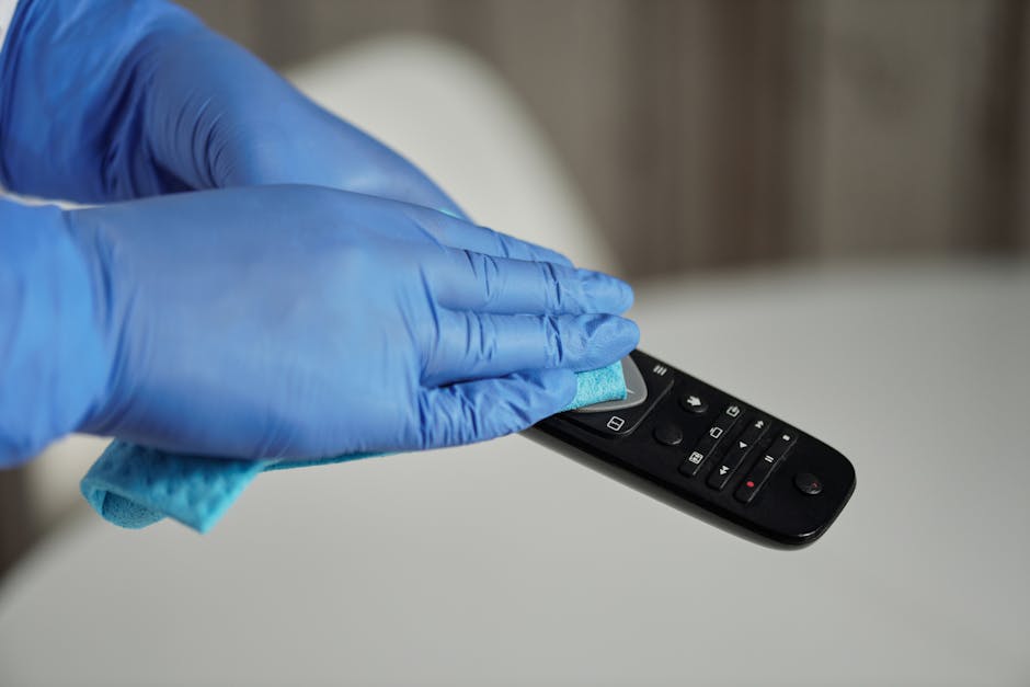 A person wearing a blue disposable glove is cleaning a black remote control with a light blue microfiber cloth. The remote is placed on a white surface, possibly a table or countertop, in a room with
